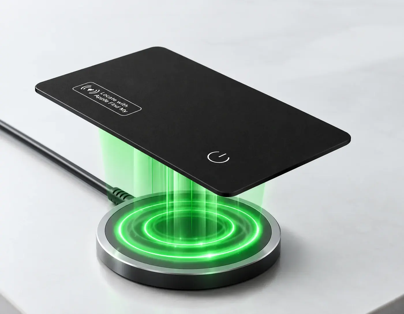 Roovo Card rechargeable tracker on a glowing Qi wireless charger